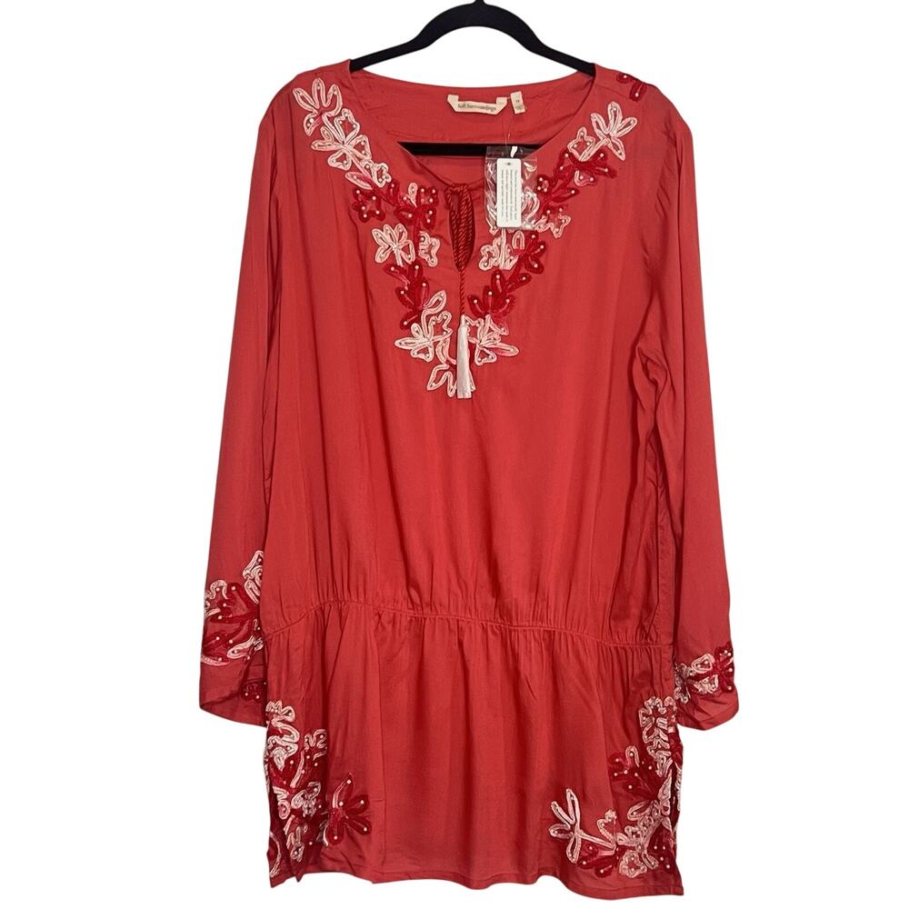 Soft Surroundings Tunic Plus Size 1X Coral Pink Floral Beaded Embroidered NWOT